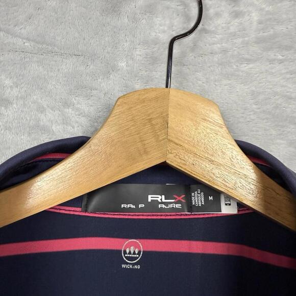 RLX Ralph Lauren Golf Polo Shirt Size M Navy Pink Stripe Wicking Stretch ‘Read’ - Picture 4 of 8
